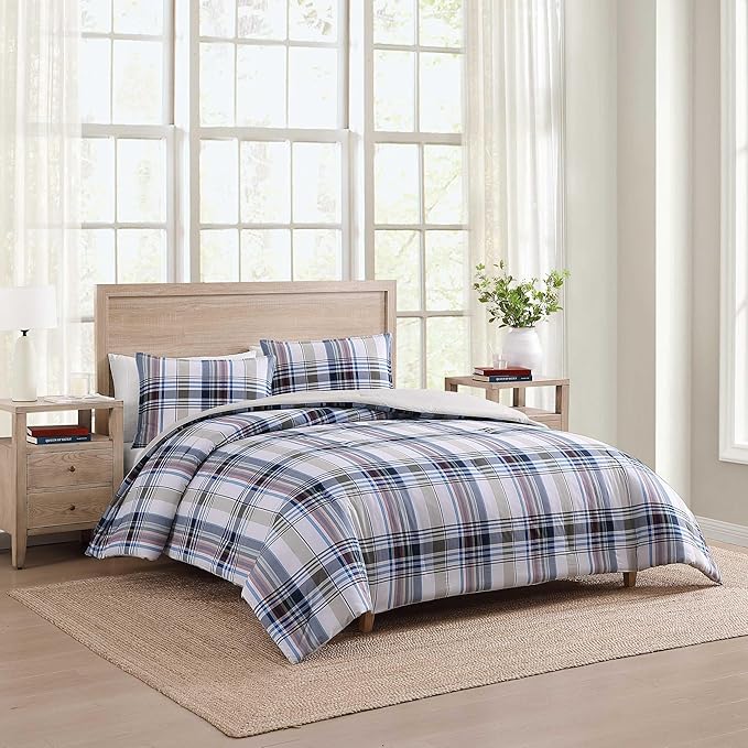 Tommy Hilfiger - King Comforter Set, Cotton Textured Bedding with Matching Shams, Medium Weight Bed Set, Oeko-TEX Certified (Waterbury Plaid Blue)