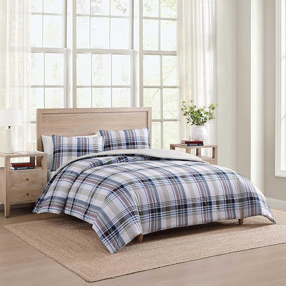 Tommy Hilfiger - Twin/Twin XL Comforter Set, Cotton Textured Bedding with Matching Sham, Medium Weight Bed Set, Oeko-TEX Certified (Waterbury Plaid Blue)