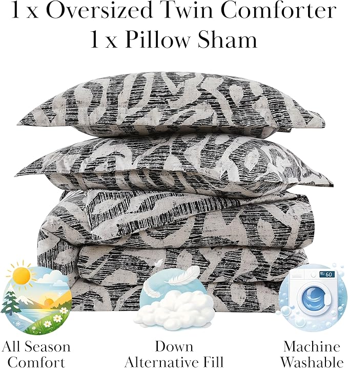 Southshore Fine Living, Inc. Oversized Twin Mattress Comforter Set, Down Alternative Comforter, Soft Bedspread Coverlet Set, Abstract Prints, Twin/XL Bedding with Matching Pillow Sham, Slate Khari