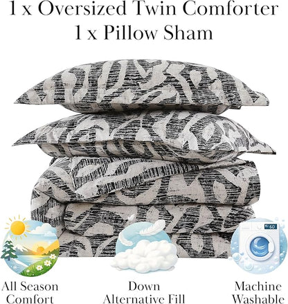 Southshore Fine Living, Inc. Oversized Twin Mattress Comforter Set, Down Alternative Comforter, Soft Bedspread Coverlet Set, Abstract Prints, Twin/XL Bedding with Matching Pillow Sham, Slate Khari