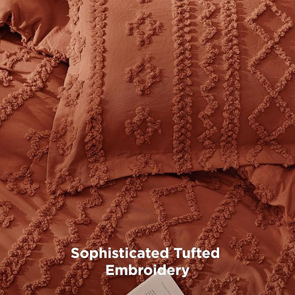 Bedsure Tufted Boho Comforter Set Queen Size - Terracotta Boho Bed Set, GentleSoft™ 3 Pieces Farmhouse Shabby Chic Embroidery Bedding, Gifts for Woman, Soft Jacquard Queen Comforter for All Seasons