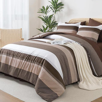 Andency King Size Comforter Set Brown - 7 Pieces Striped Lightweight Bed in a Bag, Soft Microfiber Reversible Bedding Set with Comforter, Fitted & Flat Sheet, Pillowcases & Shams