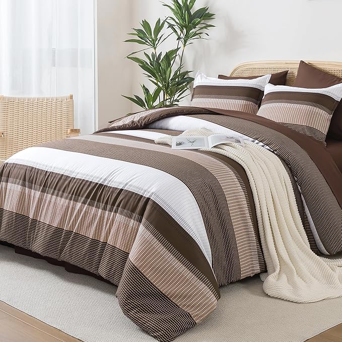 Andency Full Size Comforter Set Brown - 7 Pieces Striped Lightweight Bed in a Bag, Soft Microfiber Reversible Bedding Set with Comforter, Fitted & Flat Sheet, Pillowcases & Shams