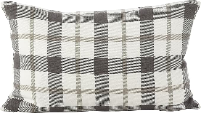 SARO LIFESTYLE Classic Plaid Pattern Cotton Down Filled Throw Pillow, 12" x 20", Grey