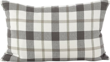 SARO LIFESTYLE Classic Plaid Pattern Cotton Down Filled Throw Pillow, 12" x 20", Grey