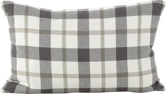 SARO LIFESTYLE Classic Plaid Pattern Cotton Down Filled Throw Pillow, 12" x 20", Grey