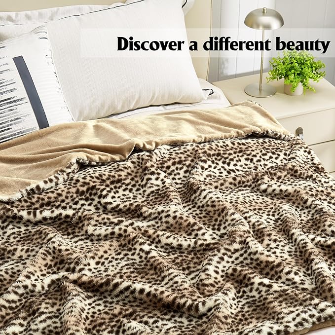 JONIYEAR Cozy Plush Striped Brown Cheetah Faux Rabbit Fur Throw Blanket 50" x 60",Decorative Thick Fuzzy Leopard Lap Blankets for Women, Soft Fluffy Animal Printed Warm Shaggy Blanket for Winter Fall