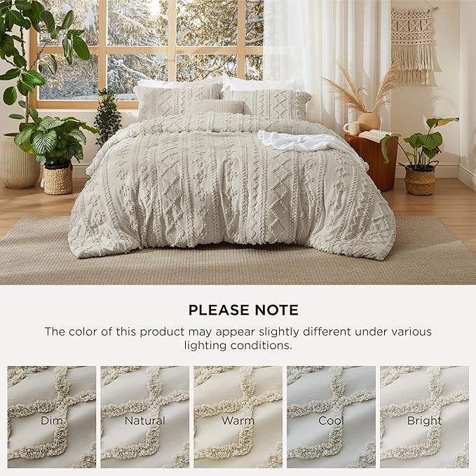 Bedsure Tufted Boho Comforter Set King Size - Linen Boho Bed Set, GentleSoft™ 3 Pieces Farmhouse Shabby Chic Embroidery Bedding, Gifts for Woman, Soft Jacquard King Comforter for All Seasons