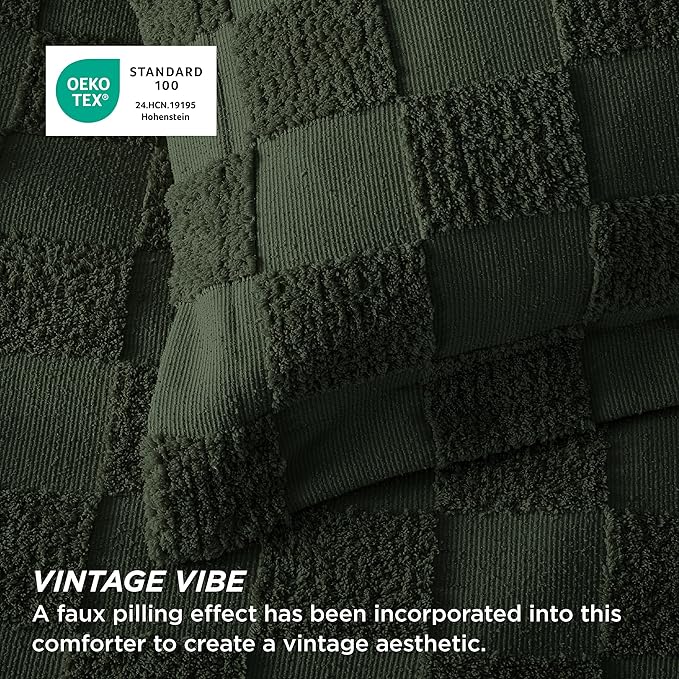 Bedsure King Size Comforter Set Dark Olive Green, Boho Tufted Bed Set, Checkered Farmhouse Shabby Chic Bedding, 3 Pieces, 1 Plaid Geometric Comforter and 2 Pillow Shams