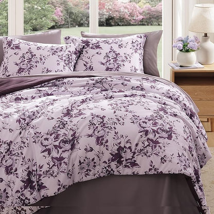 Full Comforter Set -7 Pieces Deep Purple Floral Comforter Set for All Seasons, Bed in a Bag Full with Botanical Flowers Comforter, Sheets, Pillowcases & Shams