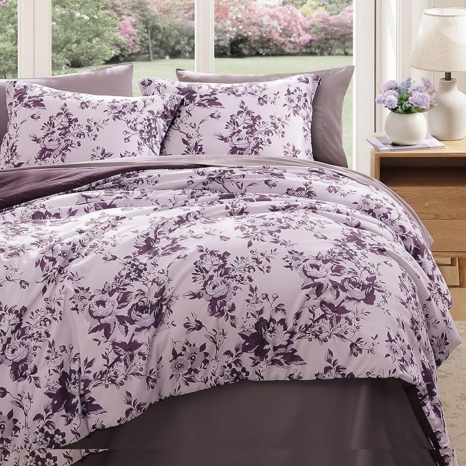 Twin XL Comforter Set -5 Pieces Floral Deep Purple Bedding Set for All Seasons, Bed in a Bag with Botanical Flowers Comforter, Sheets, Pillowcase & Sham