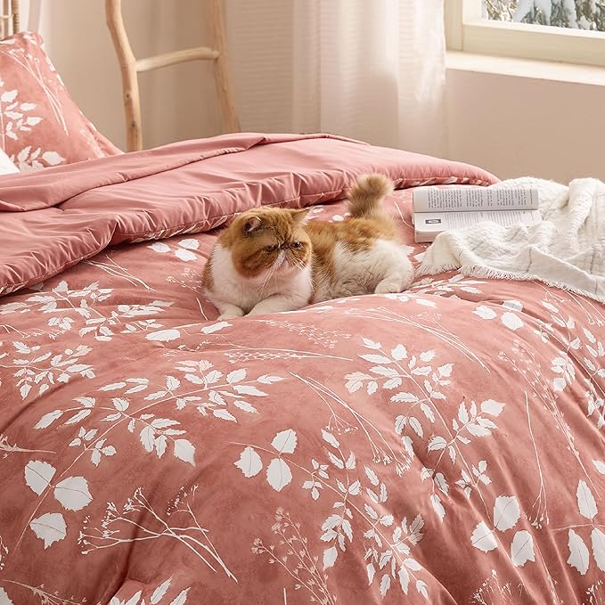 Bedsure Dusty Pink King Comforter Set - 7 Pieces Floral Bedding Sets, King Bed in a Bag with Reversible Botanical Flowers Comforter, Sheets, Pillowcases & Shams