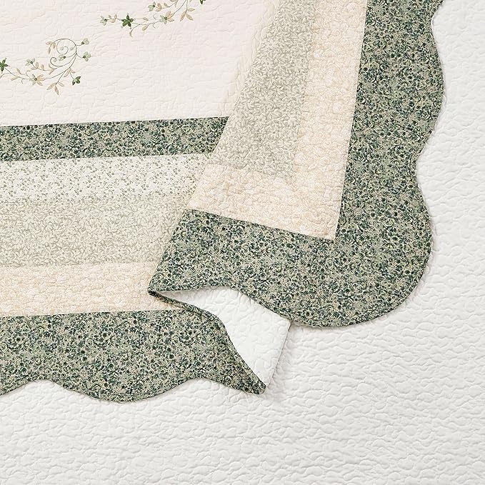 Modern Heirloom Harper Green Floral Embroidered Quilted Bedspread - Lightweight Breathable All Seasons Bedding, King Size