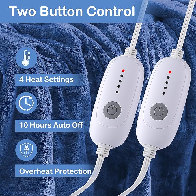 Electric Heated Blanket Queen Size 84"×90" Dual Control, 5 Heating Settings & 10Hs Auto Off, Overheat Protect, Energy Efficient, for Sofa & Bed, Machine Washable, Denim Blue
