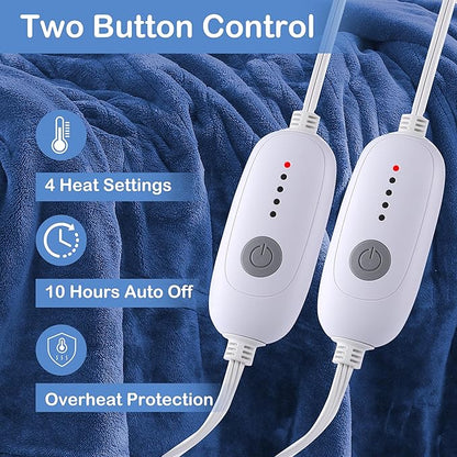 Electric Heated Blanket Queen Size 84"×90" Dual Control, 5 Heating Settings & 10Hs Auto Off, Overheat Protect, Energy Efficient, for Sofa & Bed, Machine Washable, Denim Blue
