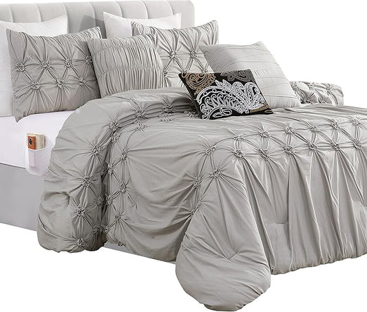 Elegant Comfort 12-Piece Bed-in-a-Bag, Ella Pleated Ruched Pintuck Comforter Set, 6-Piece Sheet Set Featuring Smart Pockets, Matching Decorative Pillows, All Season Bedding, Full, Silver