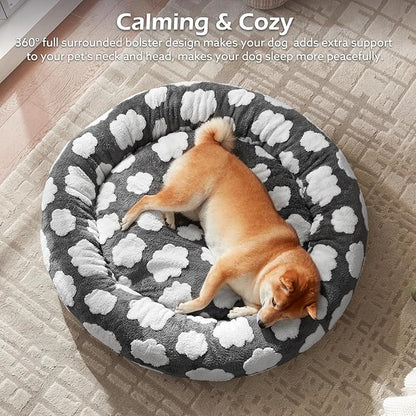 JOEJOY Donut Cat Beds for Indoor Cats, Round Calming Small Dog Bed with Removable Washable Cover, Orthopedic Cute Puppy Kitten Pet Bed with Jacquard Shaggy Plush & Non Skid Bottom, Black