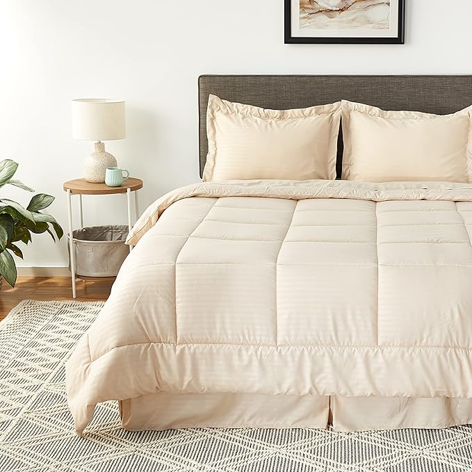Queen Comforter Set 8 Piece Bed in a Bag with Bed Skirt, Fitted Sheet, Flat Sheet, 2 Pillowcases, 2 Pillow Shams, Queen, Dobby Beige