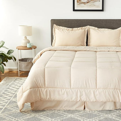 Queen Comforter Set 8 Piece Bed in a Bag with Bed Skirt, Fitted Sheet, Flat Sheet, 2 Pillowcases, 2 Pillow Shams, Queen, Dobby Beige