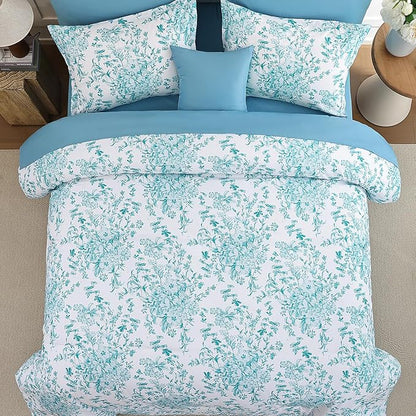 WONGS BEDDING Queen Size Comforter Set, 8 Pieces Teal Floral Bed in a Bag Comferter Sets, Botanical Print Soft Fluffy Microfiber Complete Bedding Sets for All Season (90"x90")