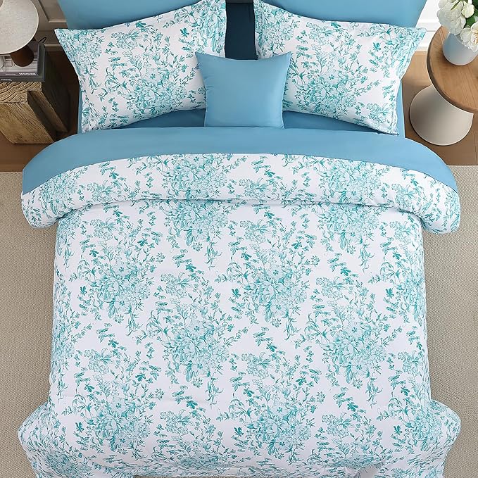 WONGS BEDDING King Size Comforter Set, 8 Pieces Teal Floral Bed in a Bag Comforter Sets, Botanical Print Soft Fluffy Microfiber Complete Bedding Sets for All Season (90"x104")