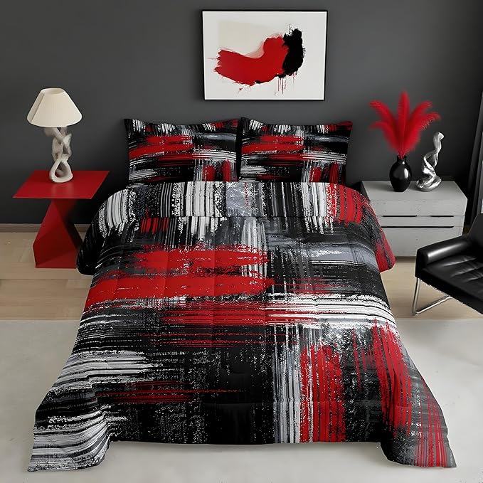 Red Black and Grey Comforter Geometric Artistic Smear Comforter Set Abstract Graffiti Art Bedding Set Contemporary Modern Brush Design Duvet Set Room Decor Quilt Set Full Size