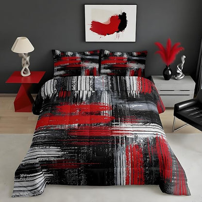 Feelyou Red Black and Grey Comforter Geometric Artistic Smear Comforter Set Abstract Graffiti Art Bedding Set Contemporary Modern Brush Design Duvet Set Room Decor Quilt Set Twin Size