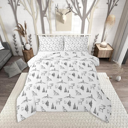 Erosebridal Woodland Animals Comforter Set Twin Size Bear Deer Wolf Hunting Theme Bedding Set for Kids Child | Rustic Cabin Lodge Decor Duvet Insert Farmhouse Wildlife Mountain Black White Quilt