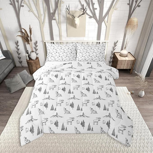 Erosebridal Woodland Animals Comforter Set Full Size Bear Deer Wolf Hunting Theme Bedding Set for Kids Child | Rustic Cabin Lodge Decor Duvet Insert Farmhouse Wildlife Mountain Black White Quilt