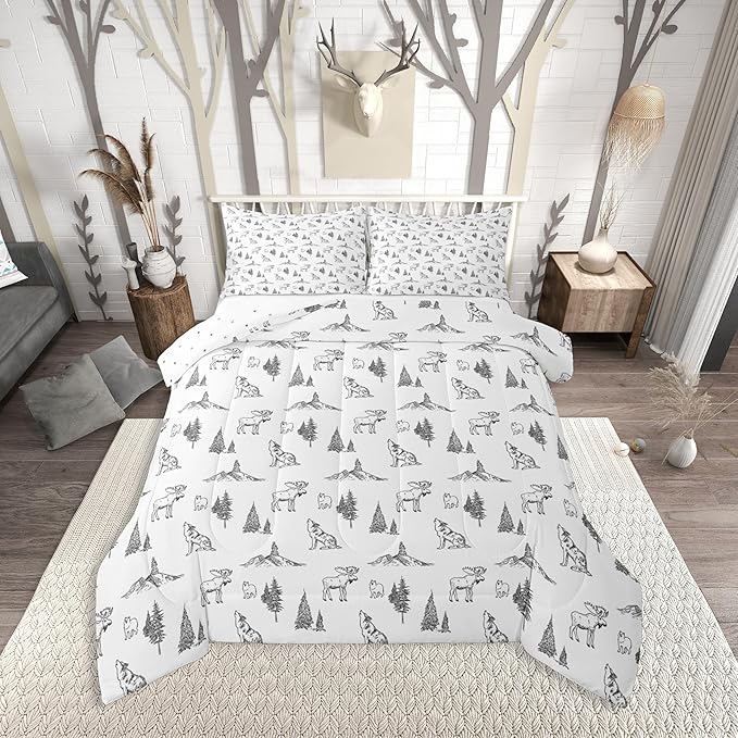 Erosebridal Woodland Animals Comforter Set King Size Bear Deer Wolf Hunting Theme Bedding Set for Kids Child | Rustic Cabin Lodge Decor Duvet Insert Farmhouse Wildlife Mountain Black White Quilt