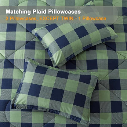 Andency Green Plaid Comforter King(104x90Inch), 3 Pieces (1 Comforter, 2 Pillowcases) Buffalo Checkered Gingham Bed Set, Soft Geometric Bedding for Boys