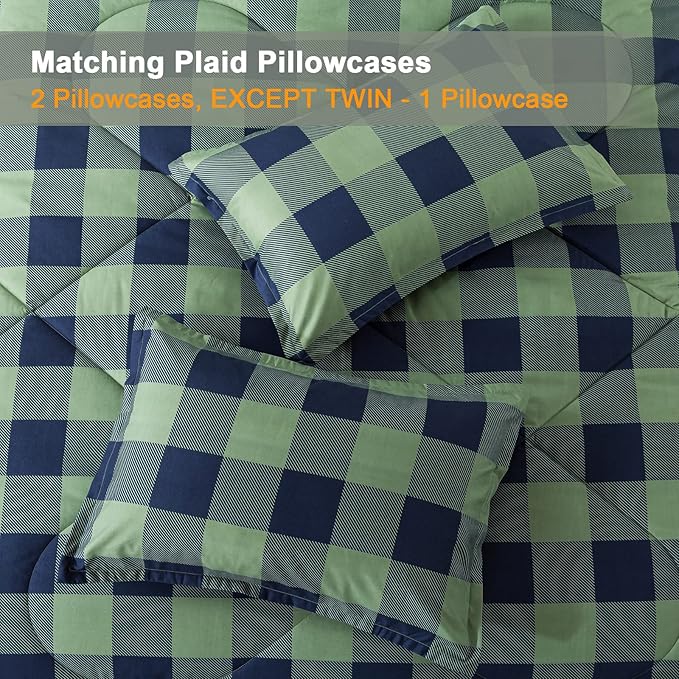 Andency Green Plaid Comforter Queen(90x90Inch), 3 Pieces (1 Comforter, 2 Pillowcases) Buffalo Checkered Gingham Bed Set, Soft Geometric Bedding for Boys