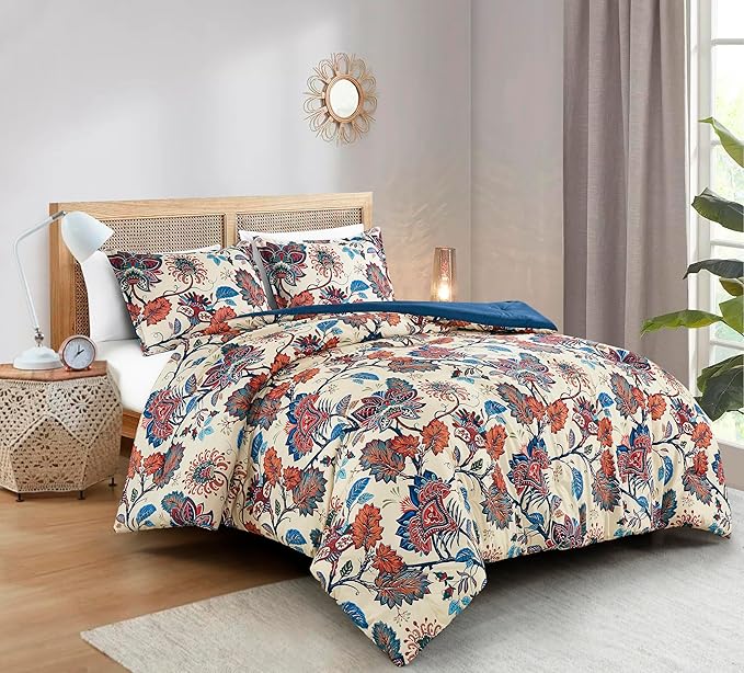 Chezmoi Collection Azura 3-Piece Floral Comforter Set Queen - Multicolor Blue Red Orange Cream Printed Microfiber Lightweight Bedding Set for All Season