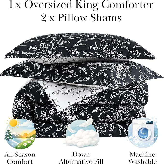 Southshore Fine Living, Inc. Extra Large King Comforter Oversized, Down Alternative Floral Comforter Set with Matching Pillow Shams, Reversible Bedding Sets, Fits Cal/King, Winter Brush Black/White