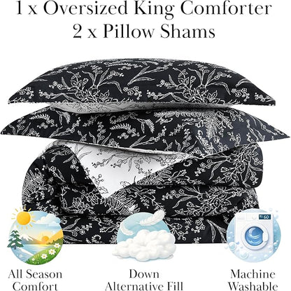 Southshore Fine Living, Inc. Extra Large King Comforter Oversized, Down Alternative Floral Comforter Set with Matching Pillow Shams, Reversible Bedding Sets, Fits Cal/King, Winter Brush Black/White
