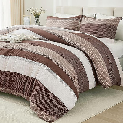 Litanika Brown Comforter Set Full - 3 Pieces Lightweight Brown White Colorblock Stripe Fluffy Bedding Comforter Sets, All Season Bed Set