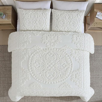 Beatrice Home Fashions Medallion Tufted Chenille Comforter 3-Piece Set, Cotton, All Season Cozy Bedding, Queen, Ivory