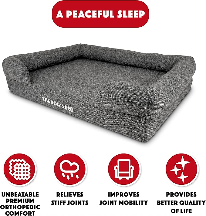 The Dog’s Bed Orthopedic Memory Foam Dog Bed with Bolsters, Linen Fabric, Grey Linen, L