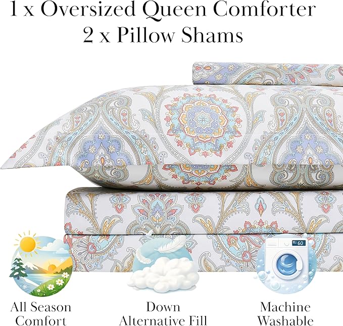 Southshore Fine Living, Inc. Boho Paisley Collection - Queen Comforter Set, Premium Bedding, All-Season Down Alternative, Lightweight Coverlet, Oversized 3-Piece Fluffy Comforter Queen/Full Size, Aqua