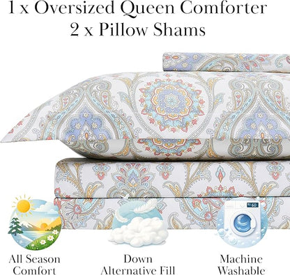 Southshore Fine Living, Inc. Boho Paisley Collection - Queen Comforter Set, Premium Bedding, All-Season Down Alternative, Lightweight Coverlet, Oversized 3-Piece Fluffy Comforter Queen/Full Size, Aqua