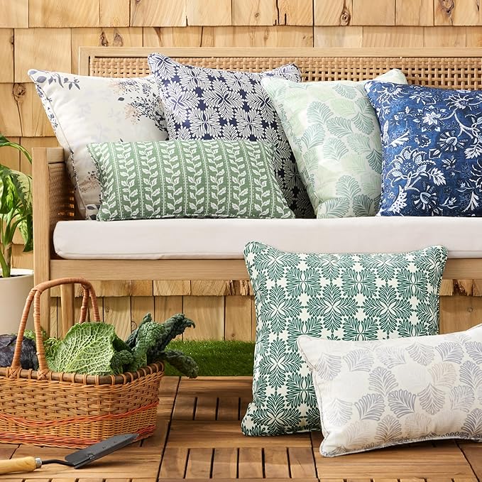 Martha Stewart Tulum Indoor Outdoor Decorative Pillow 2-Pack Set, UV Fade Resistant, Water Repellent, Printed Modern Design, Navy Blue, 18"x18"