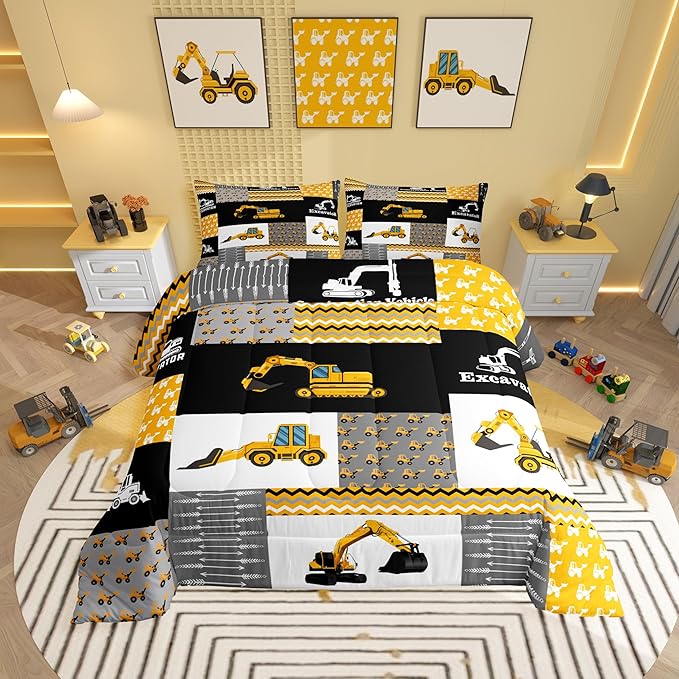 Feelyou Excavator Comforter Construction Vehicles Comforter Set Equipment Trucks Bedding Set for Children Kids Boys Girls Cartoon Car Duvet Set Geometric Lattice Room Decor Quilt Set King Size