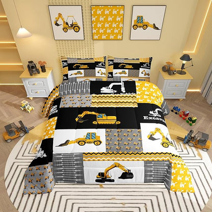 Feelyou Excavator Comforter Construction Vehicles Comforter Set Equipment Trucks Bedding Set for Children Kids Boys Girls Cartoon Car Duvet Set Geometric Lattice Room Decor Quilt Set Twin Size
