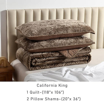 Homzard Velvet California King Size Comforter Set, Mocha Brown Quilt Bedding Set (118”*106”) with 2 Pillow Shams, Patchwork Bedspread Set, Lightweight Bedding Coverlet 3 Piece