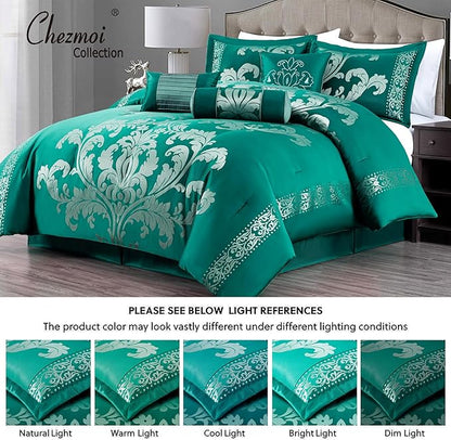 Chezmoi Collection 7-Piece Jacquard Floral Comforter Set (Queen, Green/Silver)