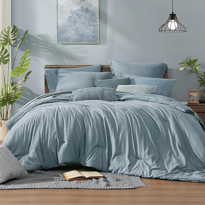 Monbix Full Size Comforter Set-7 Pieces Dusty Blue Cationic Dyeing Bed in a Bag Full Bedding Sets with Comforter, Sheets, Pillowcases & Shams, All Season Reversible Bedding Comforters