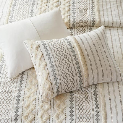 INK+IVY Imani 100% Cotton Duvet Mid Century Modern Design, All Season Comforter Cover Bedding Set, Matching Shams, Full/Queen, Ivory Chenille Tufted Accent 3 Piece