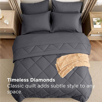 Bedsure 7 Pieces Queen Comforter Set Premium Series, Hotel Luxury Soft Bed in a Bag, Goose Down Alternative, Safe for Sensitive Skin Bedding Comforter All Season Medium Warmth, Dark Grey Queen Size