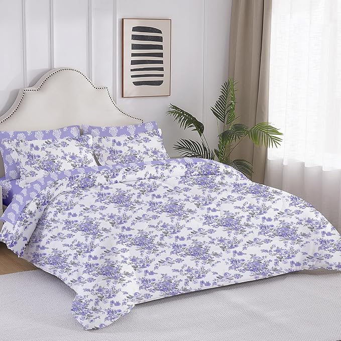 Floral King Comforter Set with Sheets, 7 Piece Luxury Vintage Bedding, Soft Microfiber Bed in a Bag, Cozy Lightweight Bed Set, Lavender Flower Grey Leaf