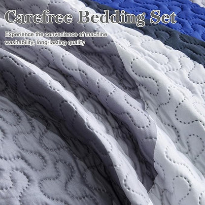 weesire Classic Line Pattern Bedding Quilt King Size Modern Grey Blue and White Stripe Quilt with 2 Shams, Gray and Blue Comforter Sets Lightweight Breathable Bedspreads Coverlet, 96''x106''